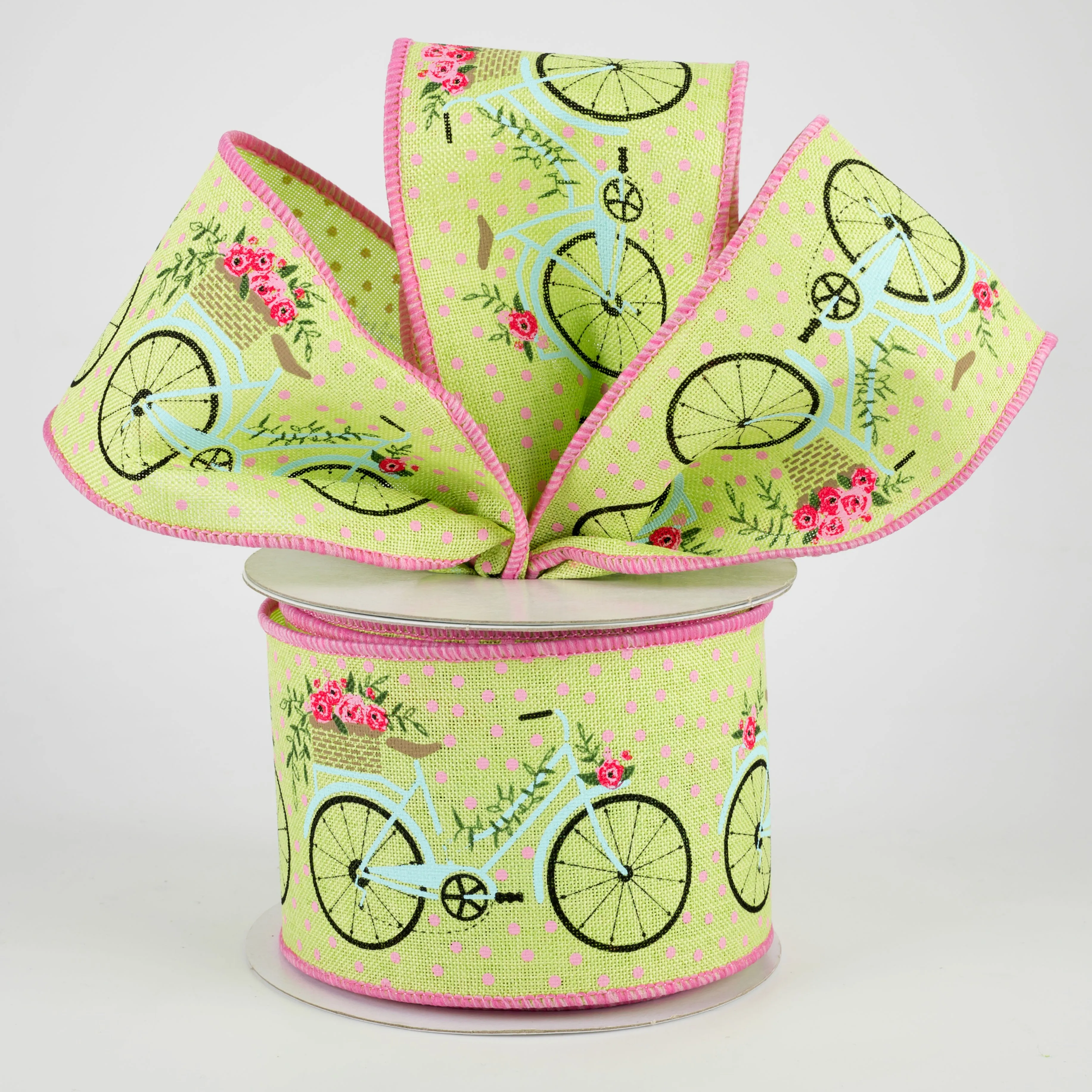 2.5" Bicycles & Blooms Ribbon: Bright Green (10 Yards)