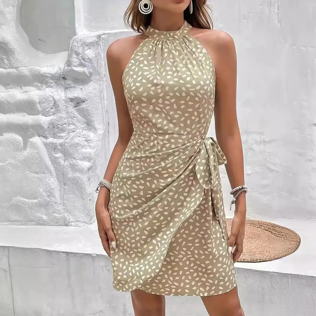 2pcs Women's Dress Suit Sexy Sleeveless BacklessWith Tied-waist Design Women's Shivering Dots Temperament Dress