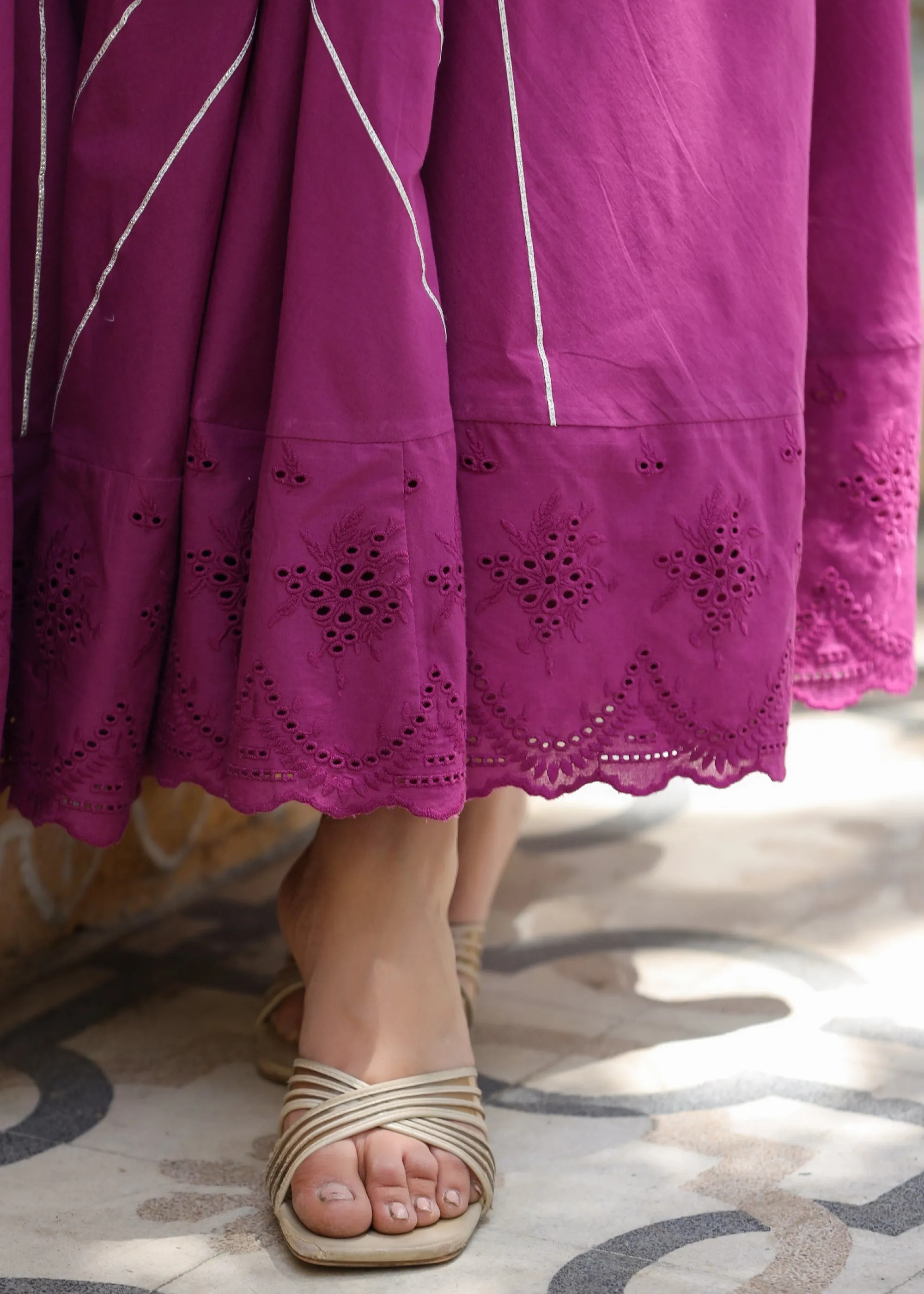 Aanya Embroidered Flared Wine Gota Lace Dress