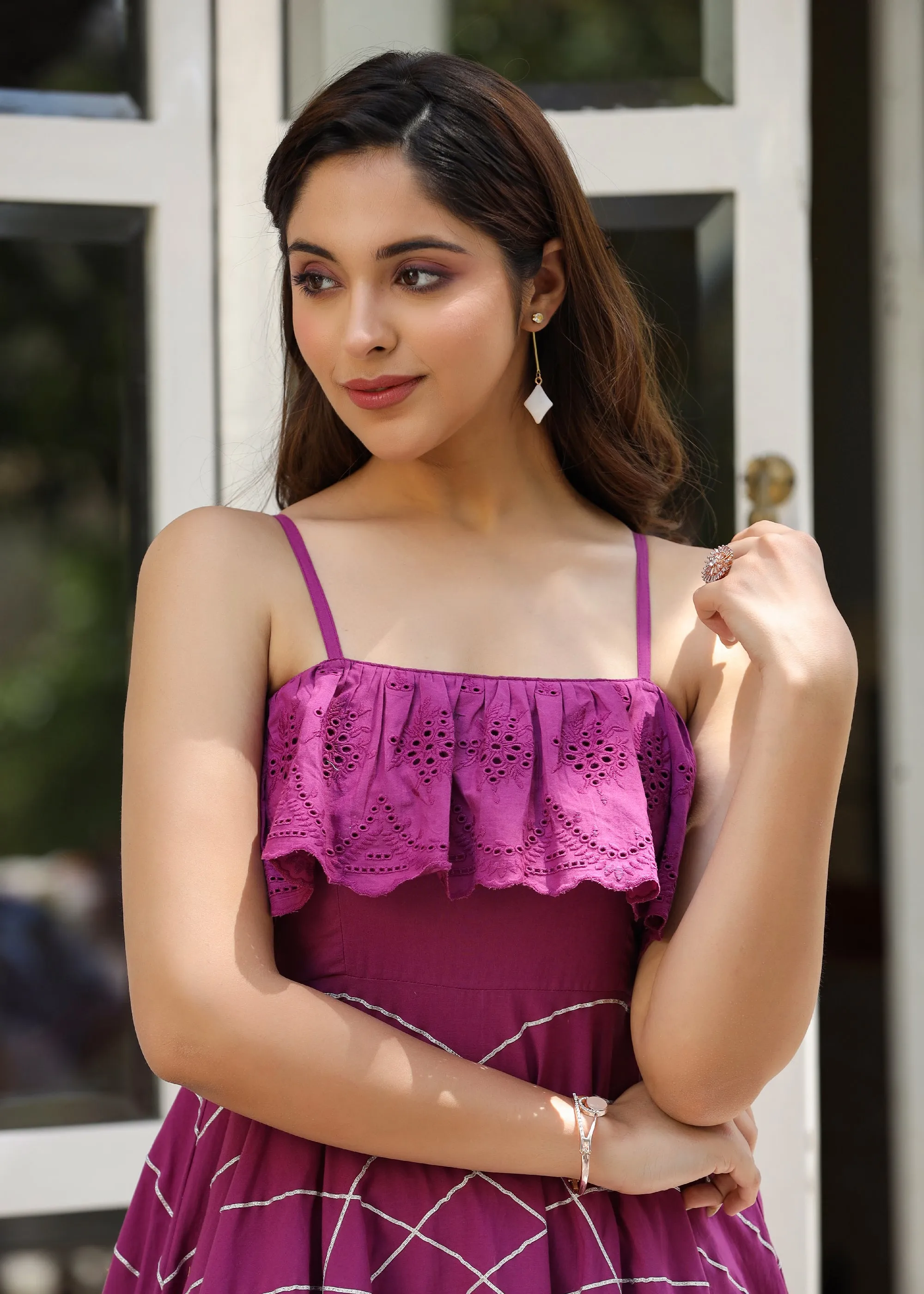 Aanya Embroidered Flared Wine Gota Lace Dress