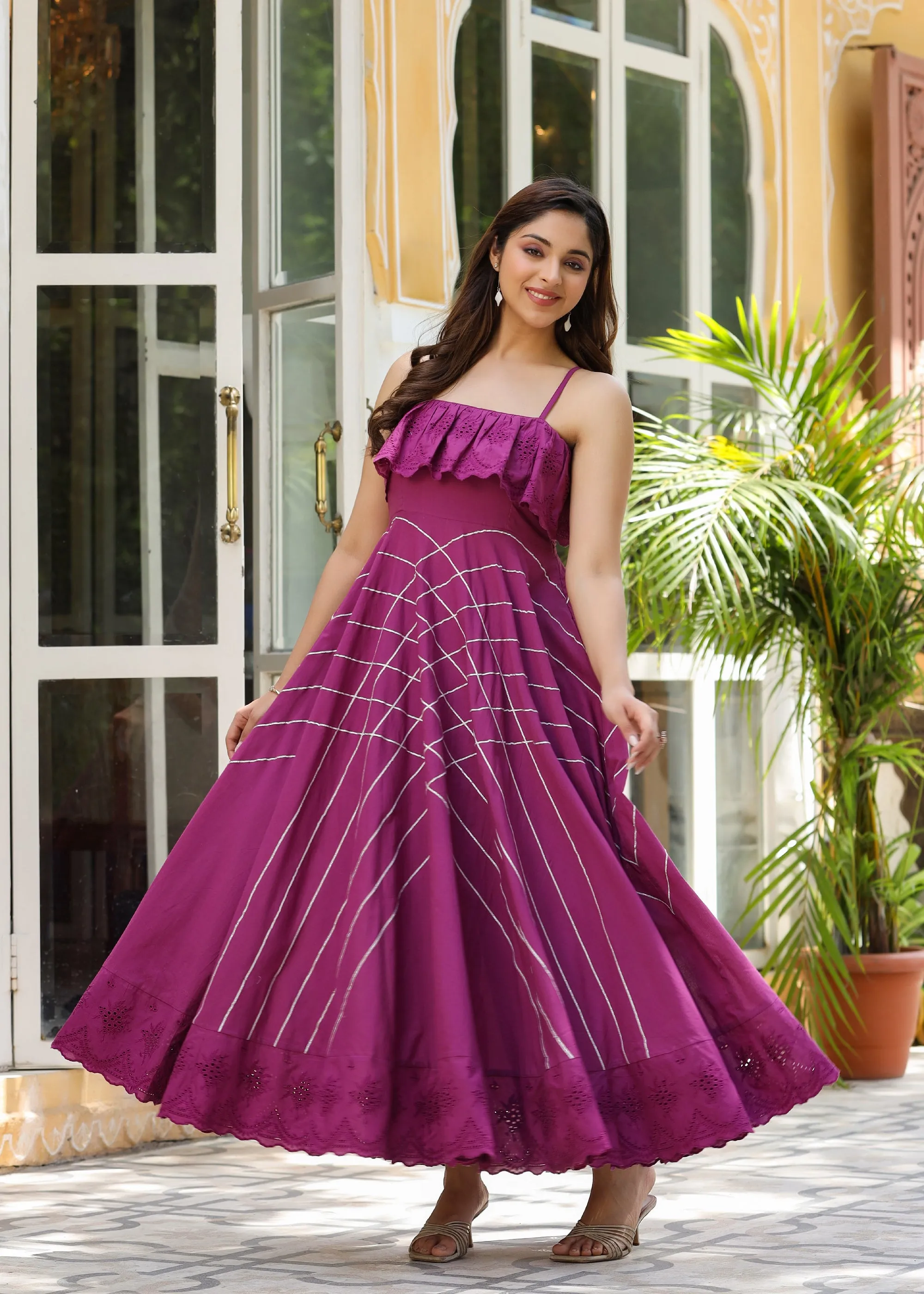 Aanya Embroidered Flared Wine Gota Lace Dress