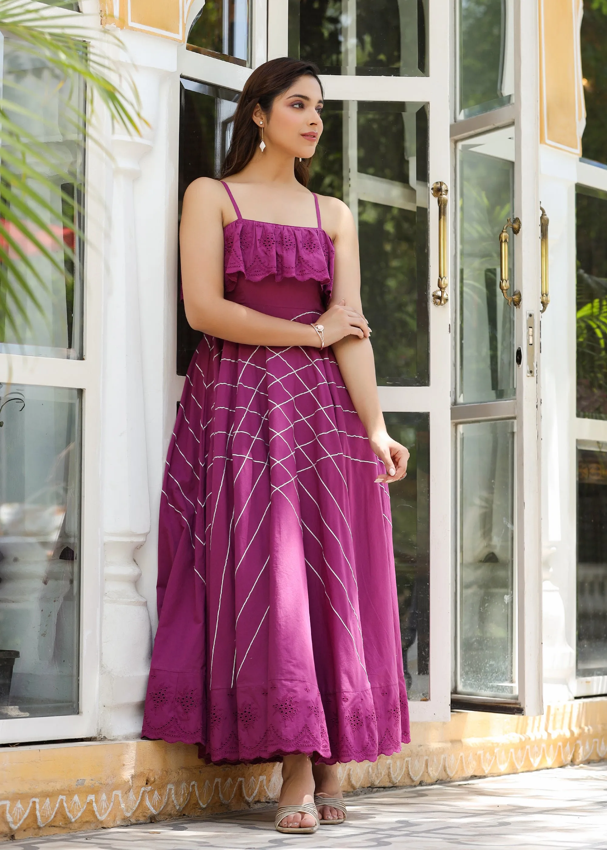 Aanya Embroidered Flared Wine Gota Lace Dress