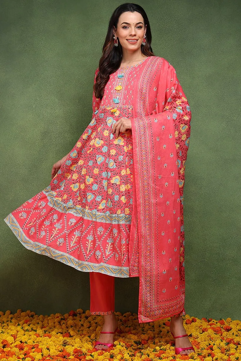 Ahika Pink Pure Cotton Floral Printed Anarkali Suit Set