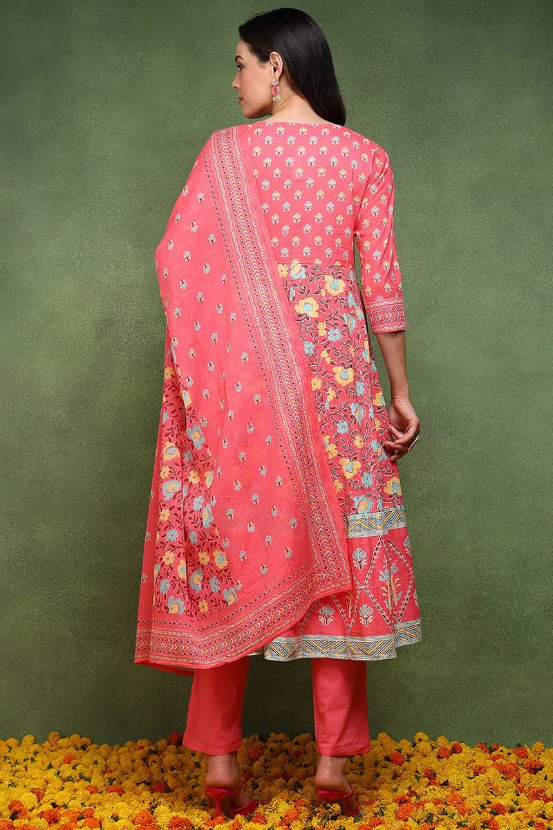 Ahika Pink Pure Cotton Floral Printed Anarkali Suit Set