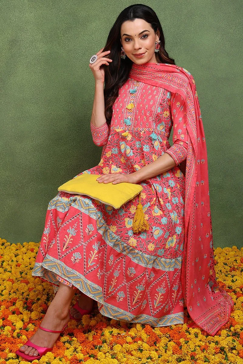 Ahika Pink Pure Cotton Floral Printed Anarkali Suit Set
