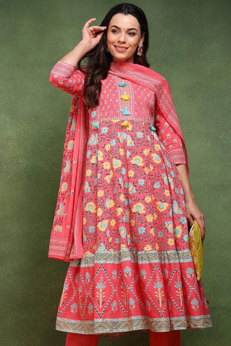 Ahika Pink Pure Cotton Floral Printed Anarkali Suit Set