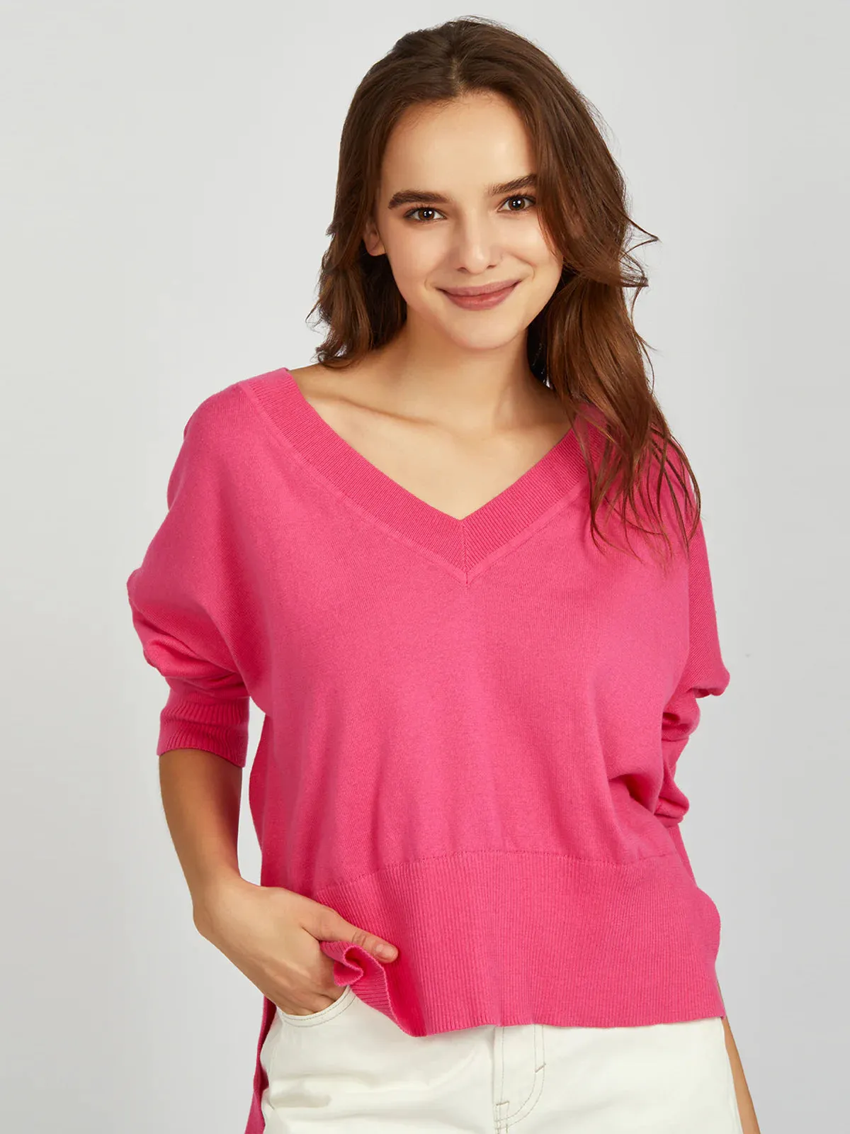 AME V Neck Oversized Shocking Pink Sweater