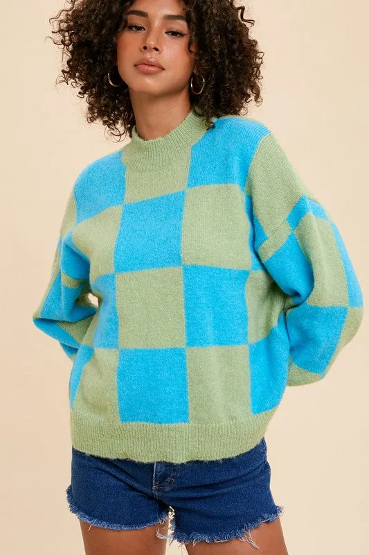 Aqua Mock Neck Checker Sweater