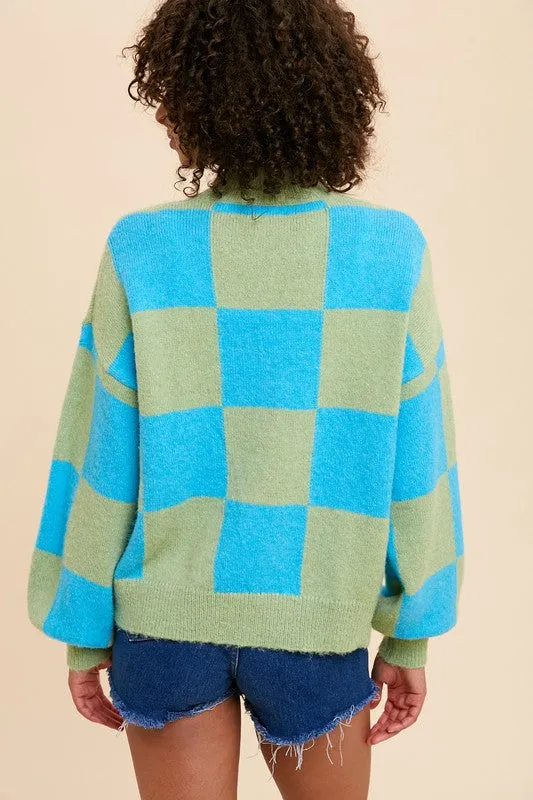 Aqua Mock Neck Checker Sweater
