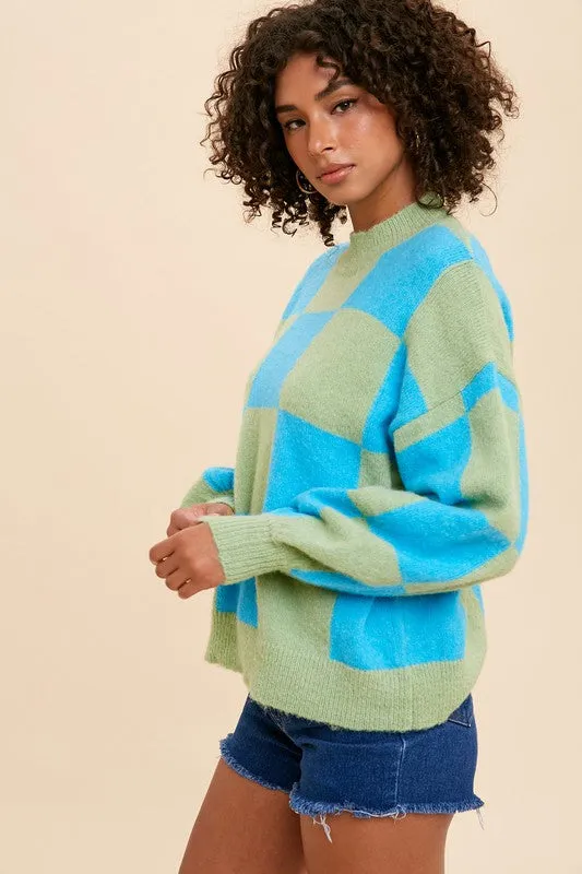 Aqua Mock Neck Checker Sweater