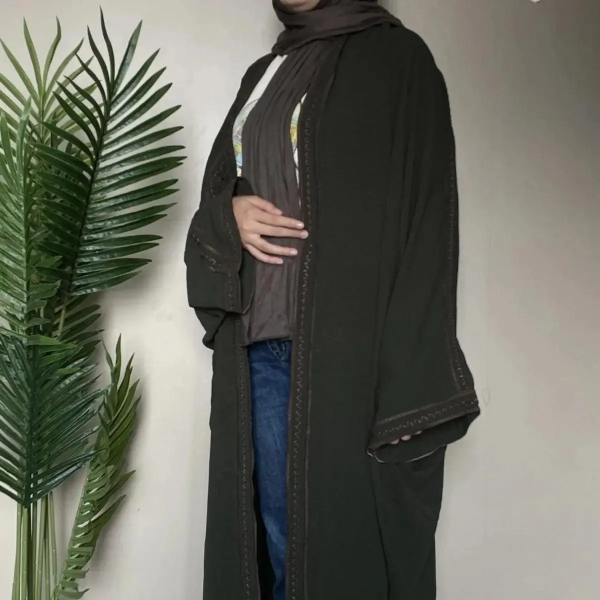 Batwing Sleeve Embroidered Open Abaya (MOA015)