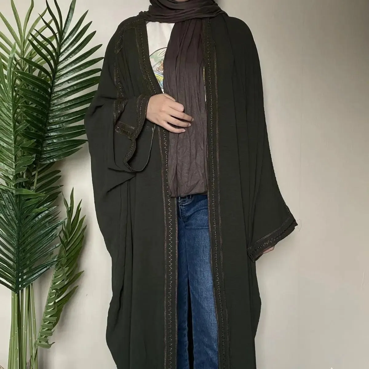 Batwing Sleeve Embroidered Open Abaya (MOA015)