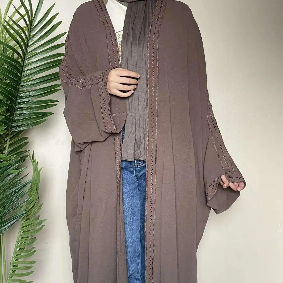 Batwing Sleeve Embroidered Open Abaya (MOA015)