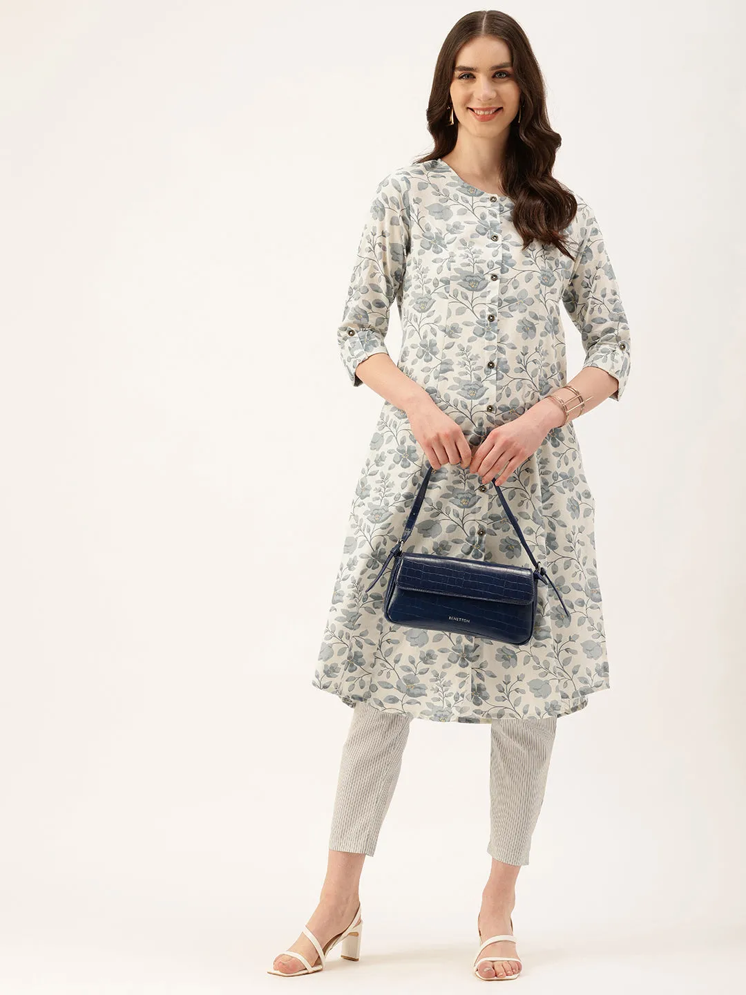 Beige & Blue Floral Printed Mandarin Collar Kurta