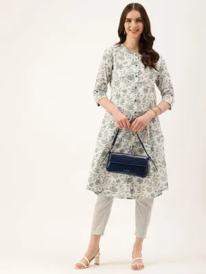 Beige & Blue Floral Printed Mandarin Collar Kurta