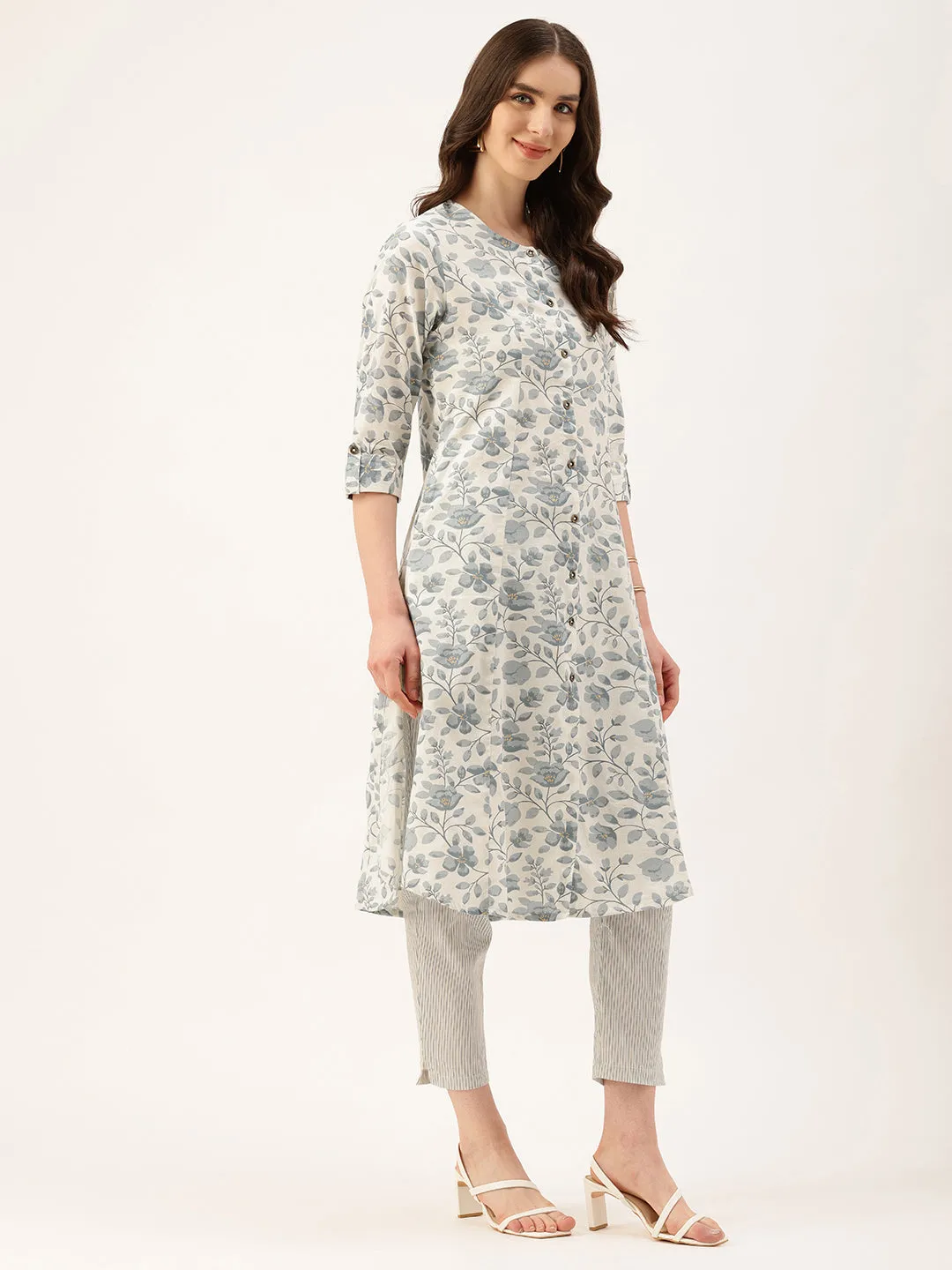Beige & Blue Floral Printed Mandarin Collar Kurta