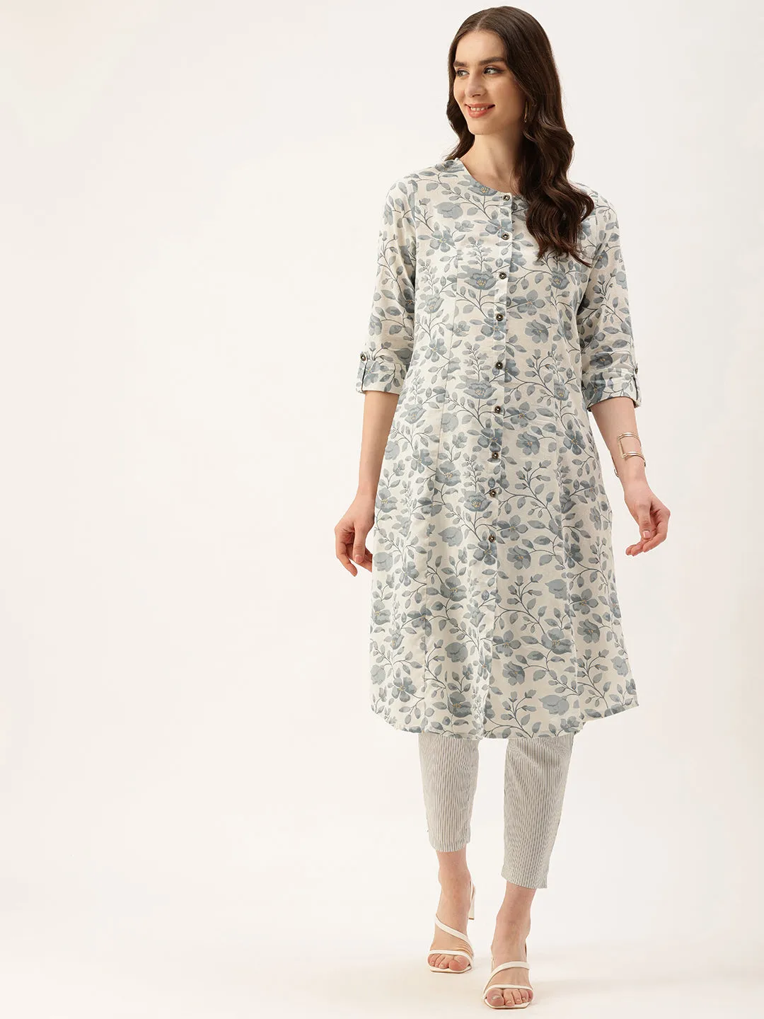 Beige & Blue Floral Printed Mandarin Collar Kurta