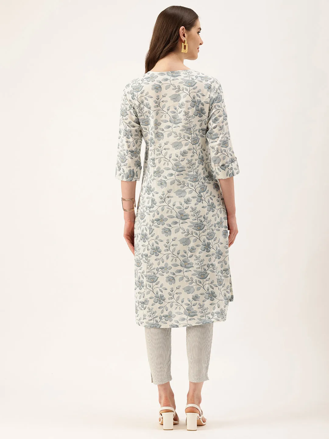 Beige & Blue Floral Printed Mandarin Collar Kurta
