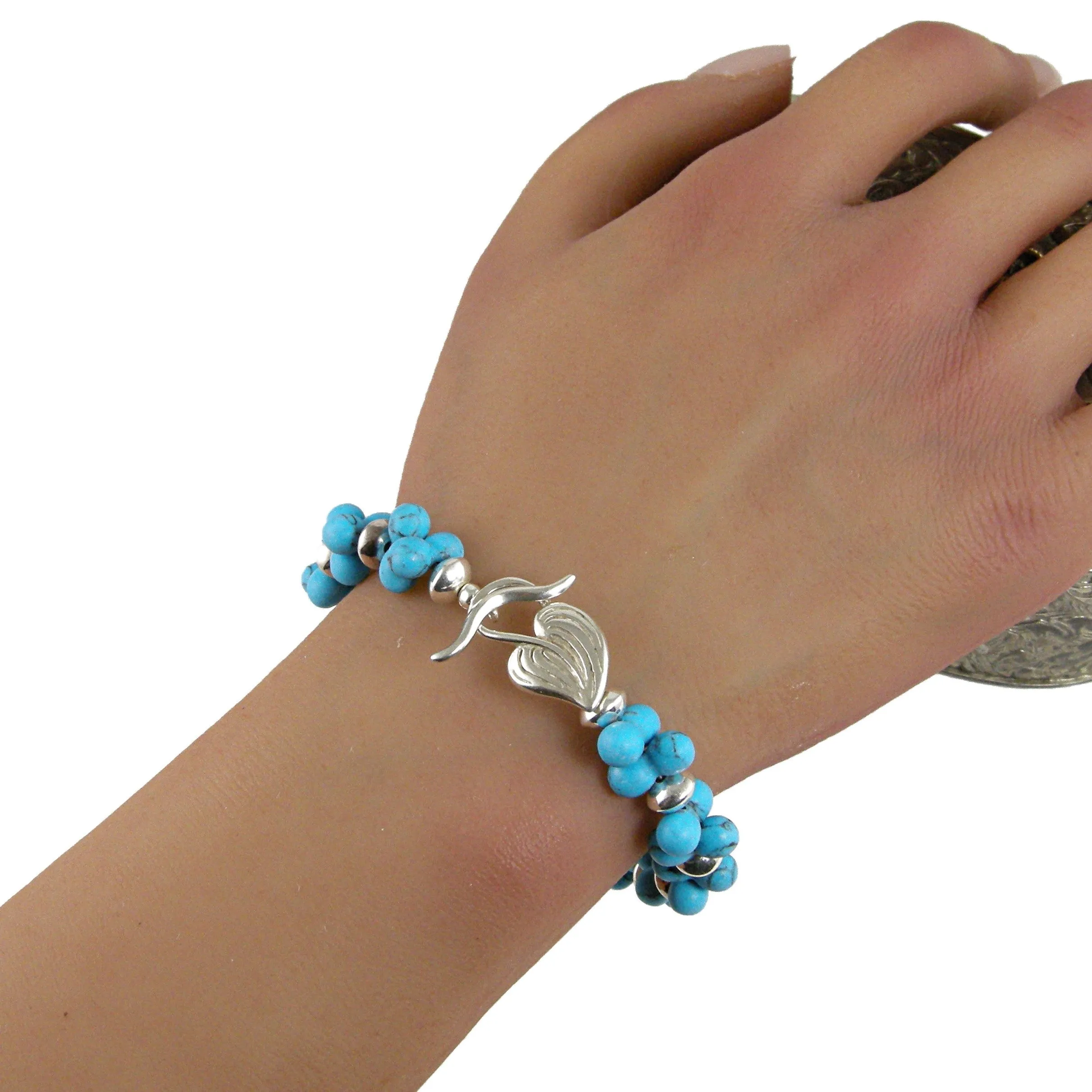 Blue Bead Silver Bracelet, Silver Leaf Bracelet, Turquoise Blue Bracelet