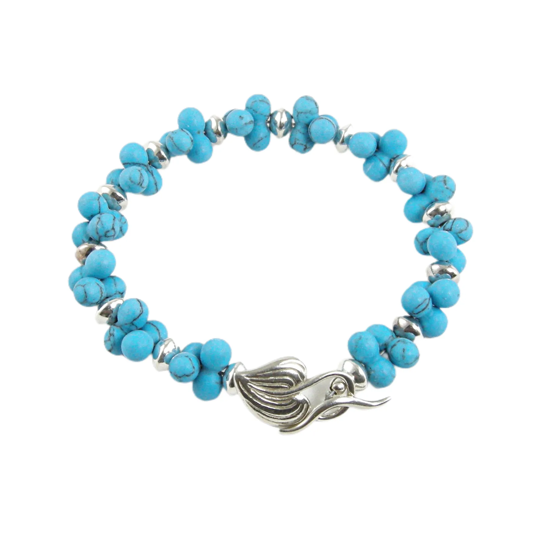 Blue Bead Silver Bracelet, Silver Leaf Bracelet, Turquoise Blue Bracelet