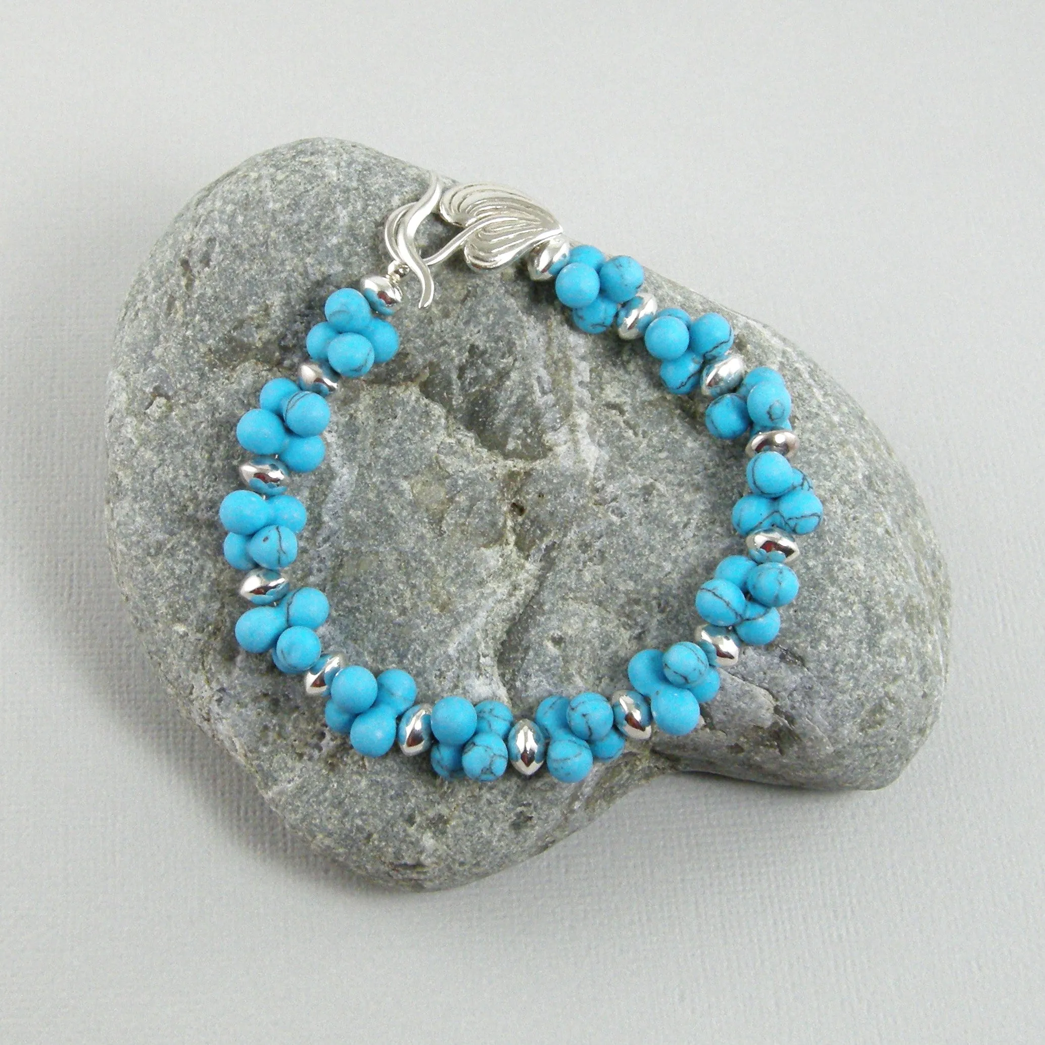 Blue Bead Silver Bracelet, Silver Leaf Bracelet, Turquoise Blue Bracelet