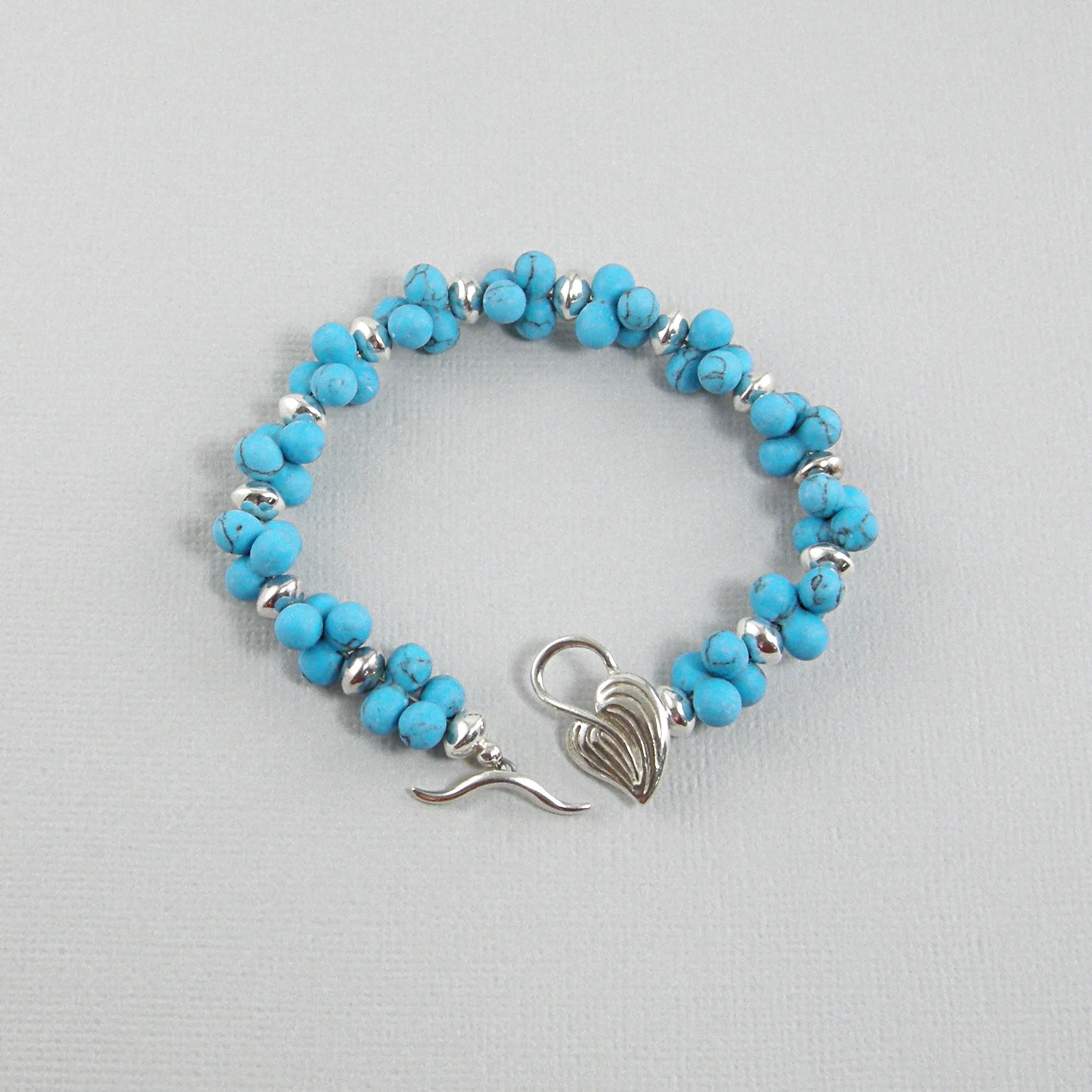 Blue Bead Silver Bracelet, Silver Leaf Bracelet, Turquoise Blue Bracelet