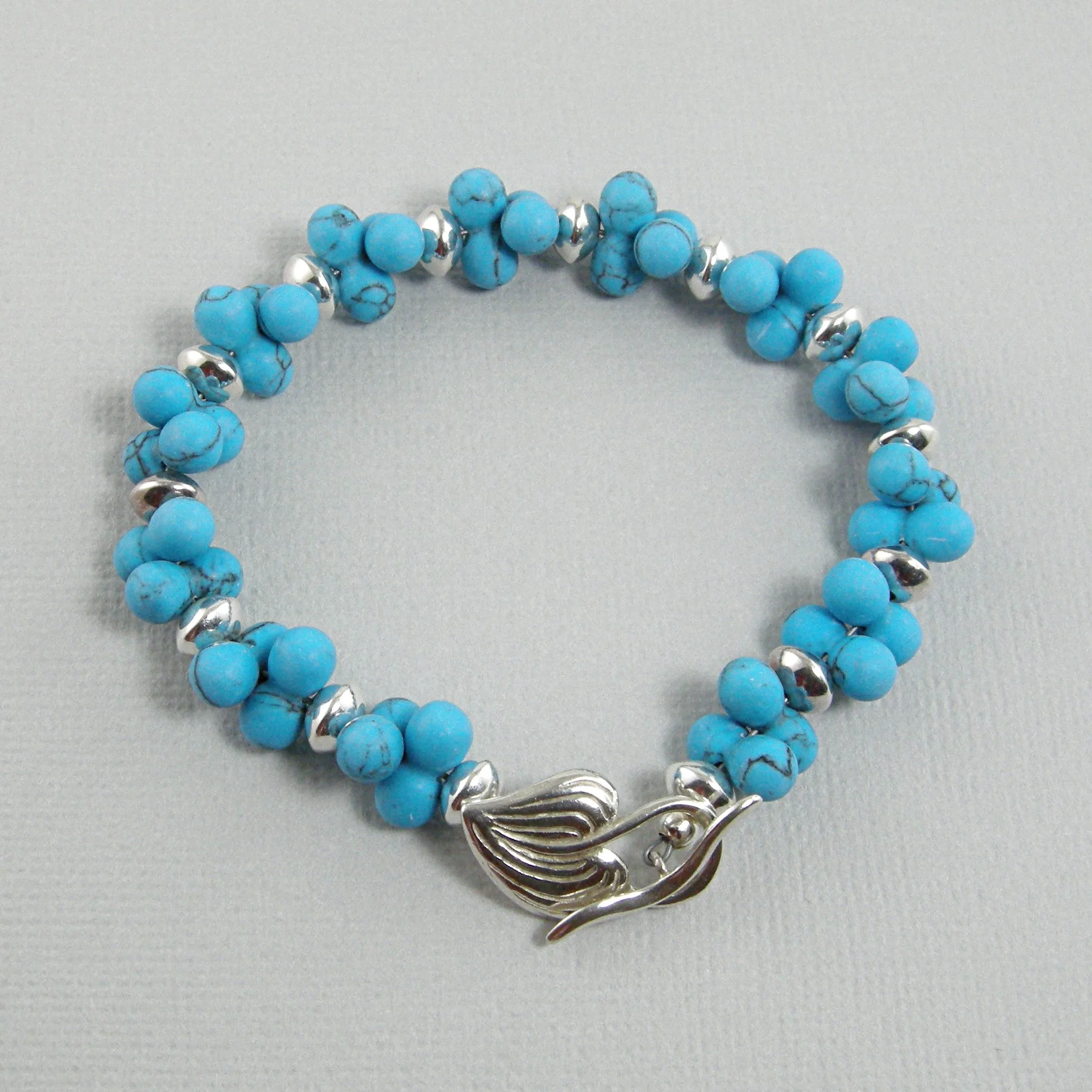 Blue Bead Silver Bracelet, Silver Leaf Bracelet, Turquoise Blue Bracelet