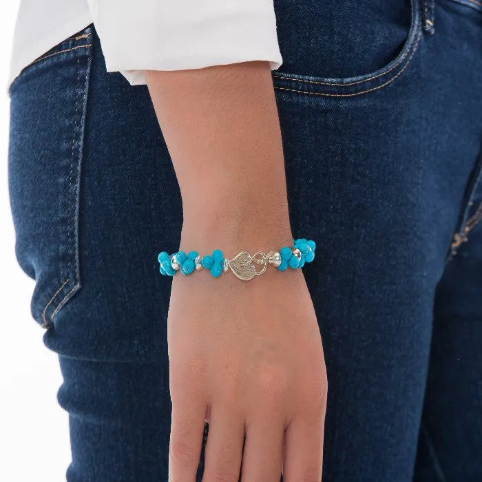 Blue Bead Silver Bracelet, Silver Leaf Bracelet, Turquoise Blue Bracelet