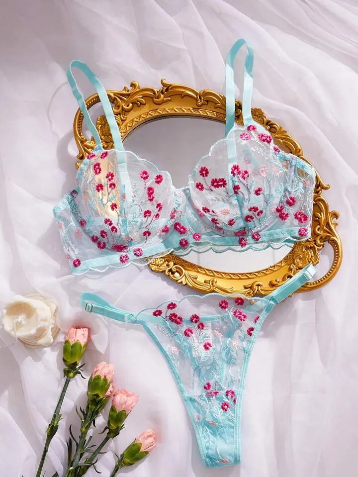 Blue Women’s Lingerie Set Sheer Floral Embroidery