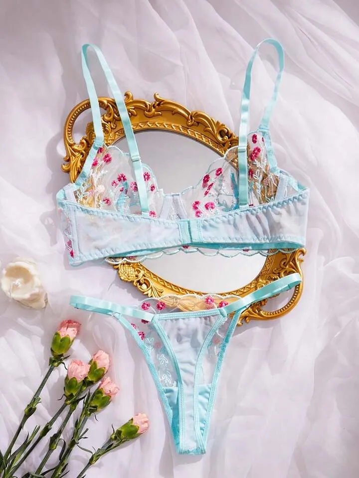 Blue Women’s Lingerie Set Sheer Floral Embroidery
