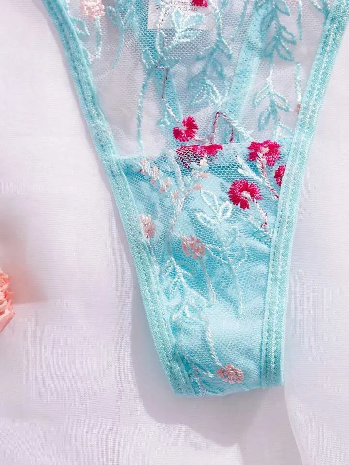 Blue Women’s Lingerie Set Sheer Floral Embroidery