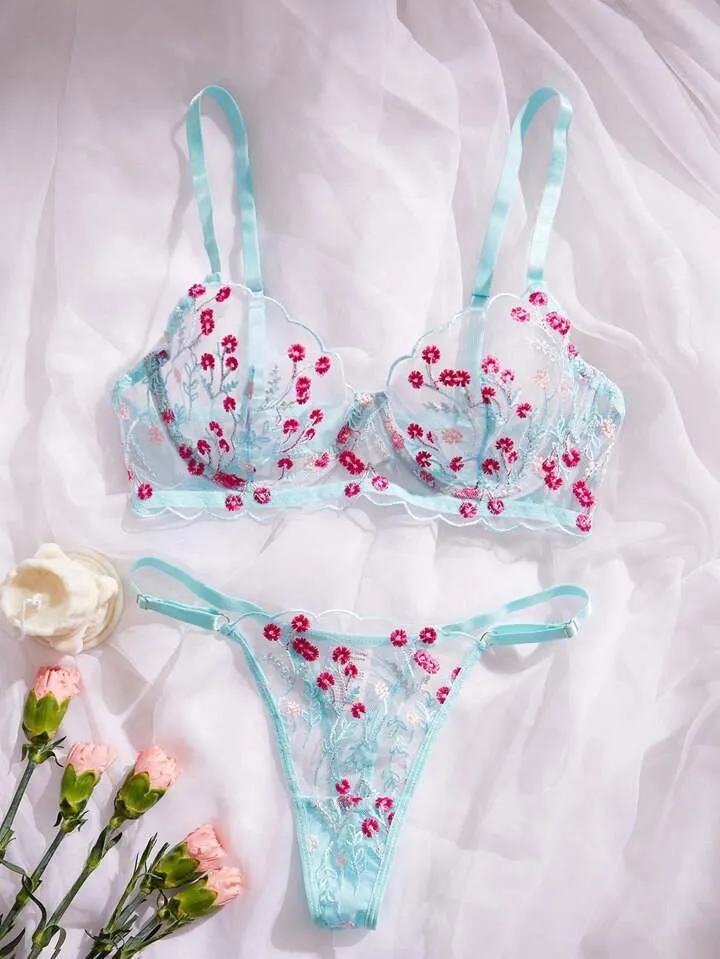 Blue Women’s Lingerie Set Sheer Floral Embroidery