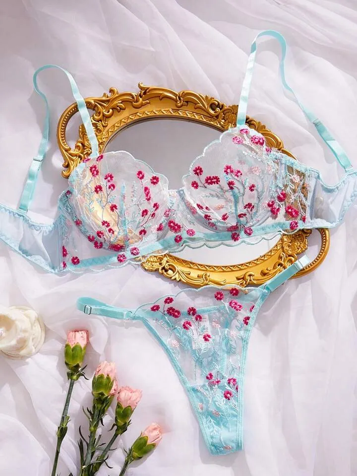 Blue Women’s Lingerie Set Sheer Floral Embroidery