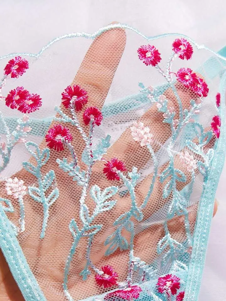 Blue Women’s Lingerie Set Sheer Floral Embroidery
