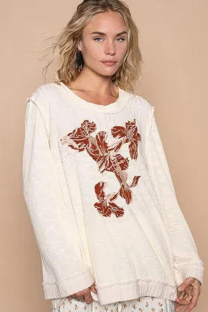 Blue Zone Planet |  POL Embroidered Round Neck Long Sleeve Knit Top