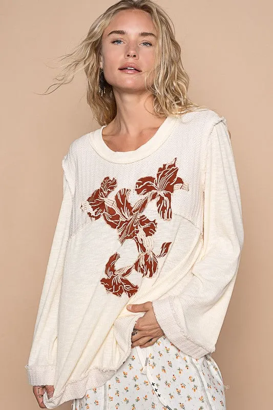 Blue Zone Planet |  POL Embroidered Round Neck Long Sleeve Knit Top