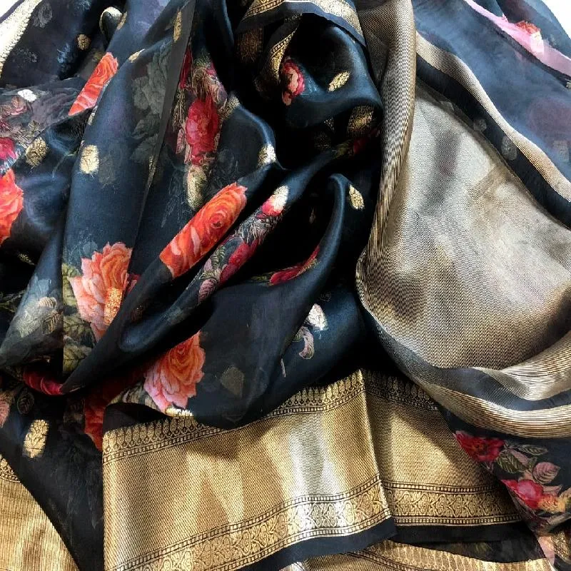 Bluish Grey Digital Printed Organza Saree