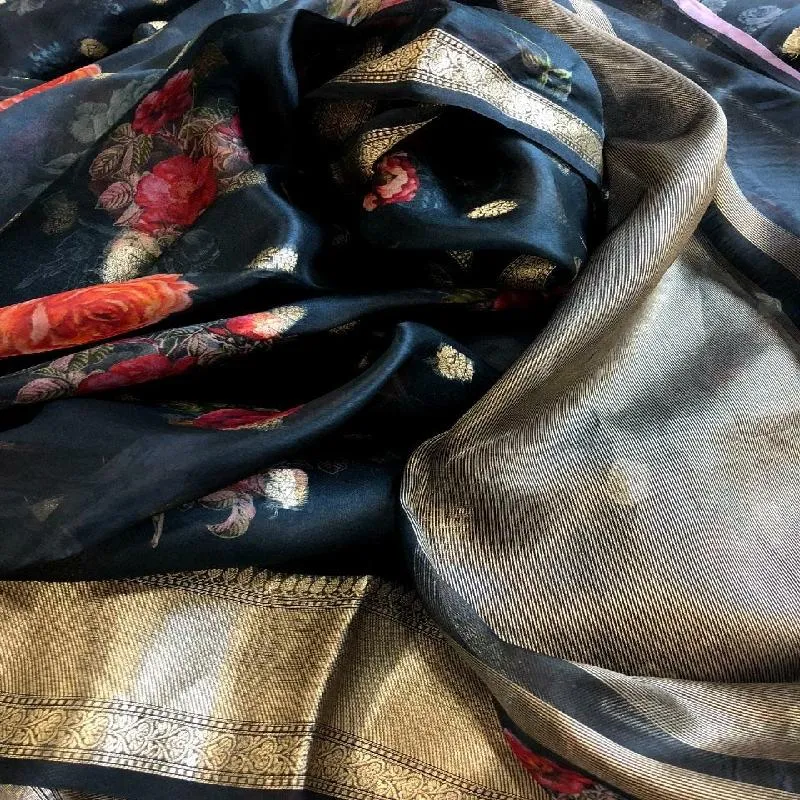 Bluish Grey Digital Printed Organza Saree