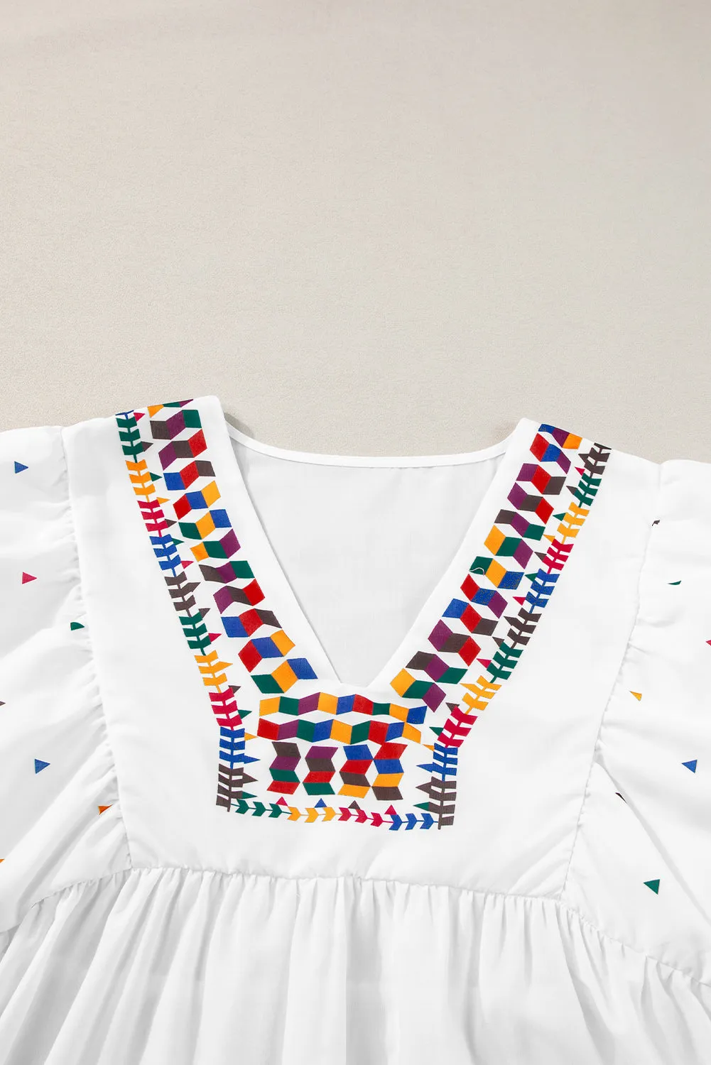 Bohemian Elegance Embroidered Puff Sleeve V-Neck Blouse