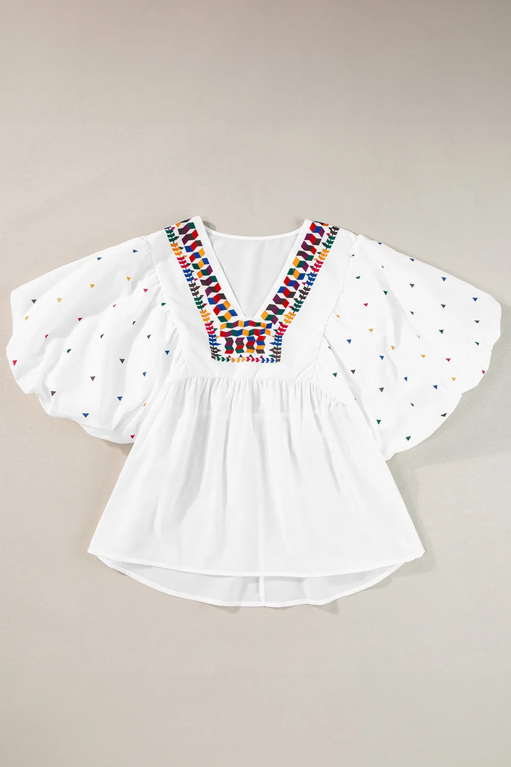 Bohemian Elegance Embroidered Puff Sleeve V-Neck Blouse
