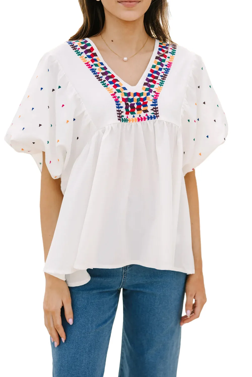 Bohemian Elegance Embroidered Puff Sleeve V-Neck Blouse