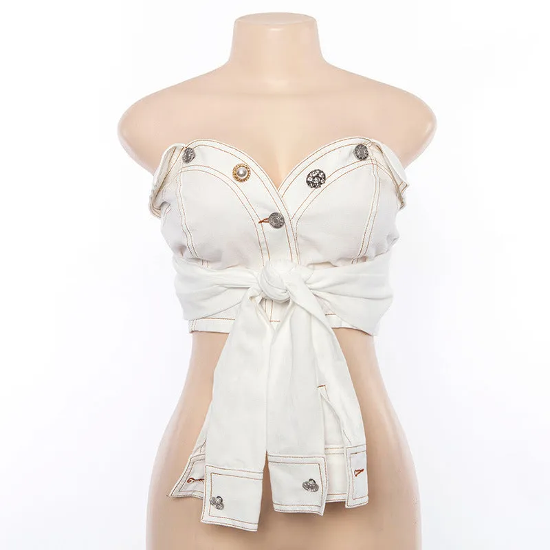 Bow Off Shoulder Pure Color  Crop Top