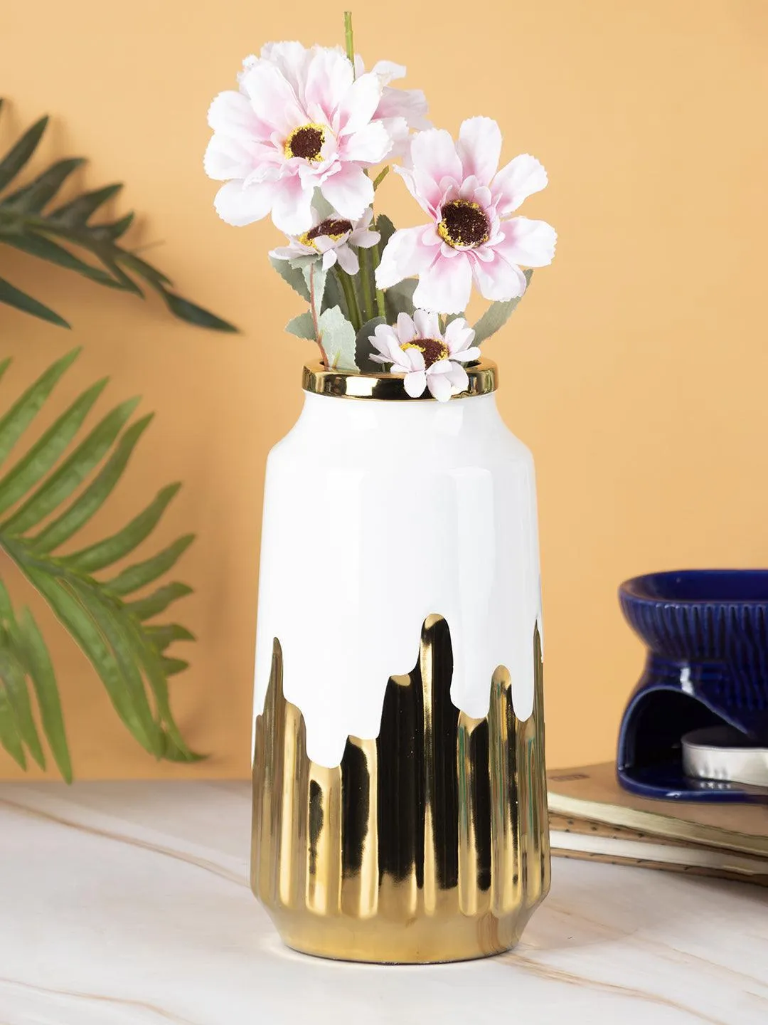 Ceramic White  Gold Cylindrical Vase