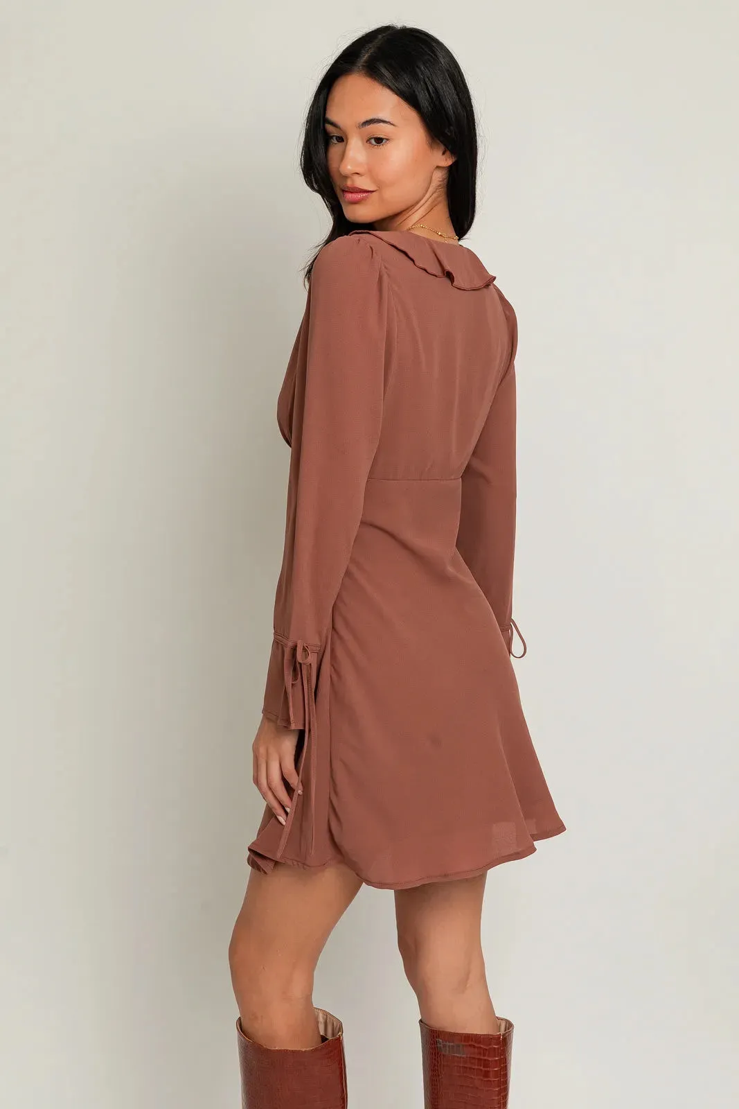 Chiffon Ruffle Long Sleeve V-neck Mini Dress