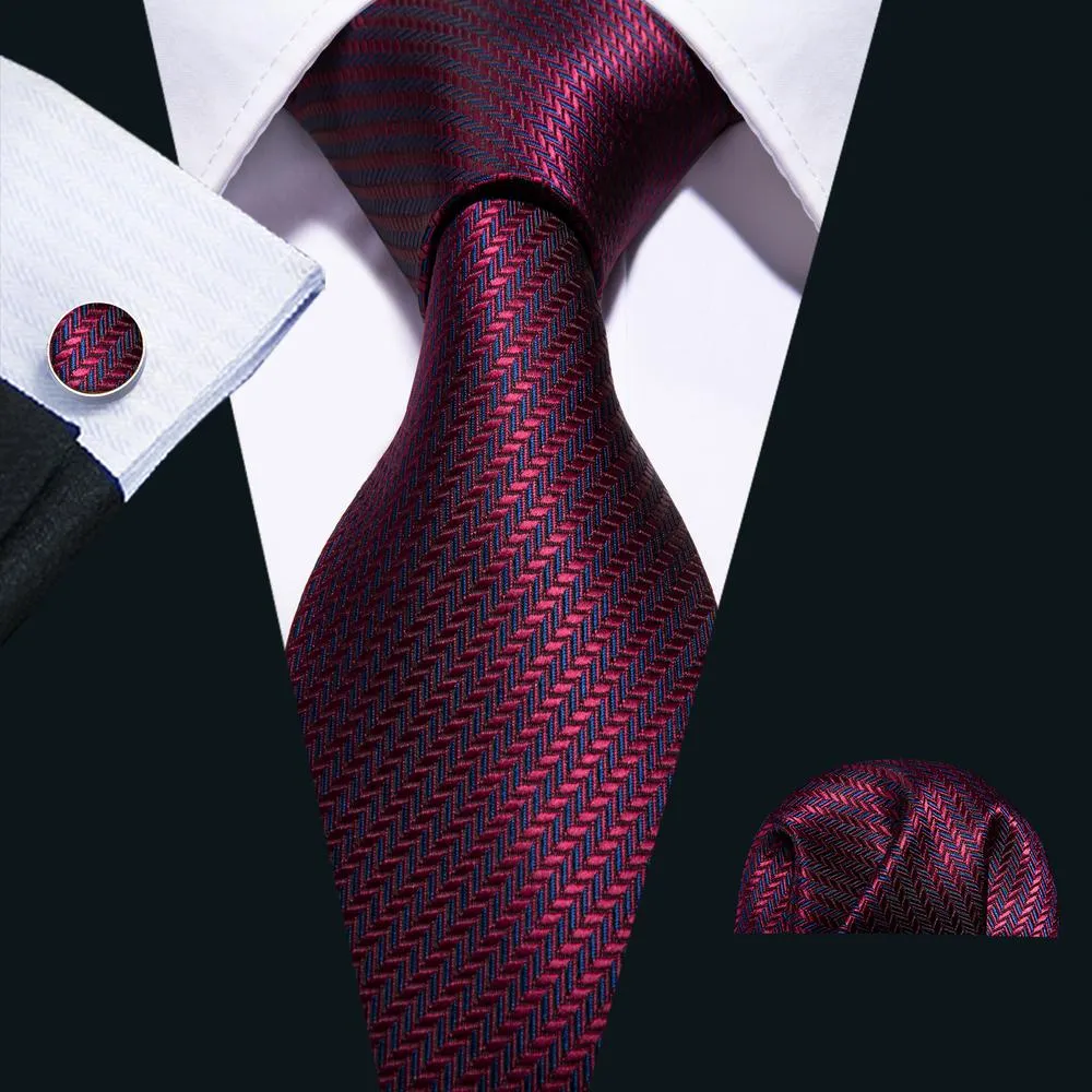 Classic Dark Red Striped Silk Necktie Pocket Square Cufflinks Set