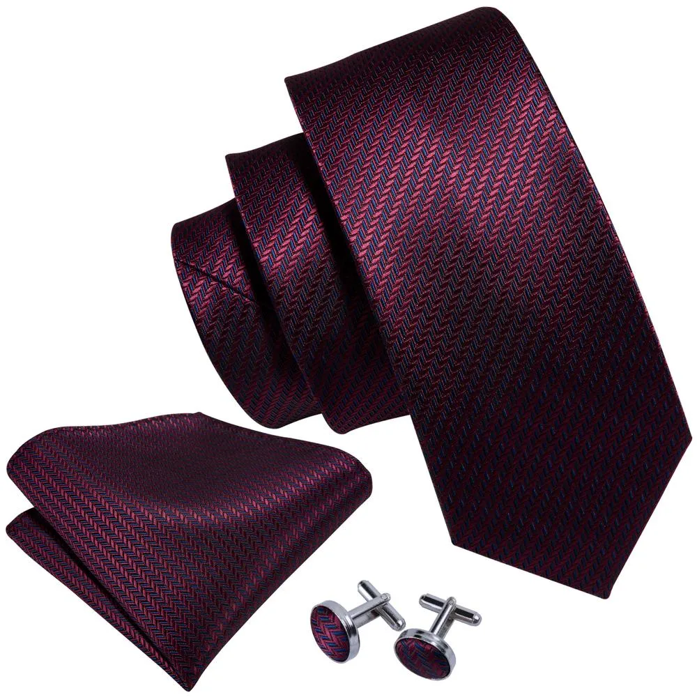 Classic Dark Red Striped Silk Necktie Pocket Square Cufflinks Set