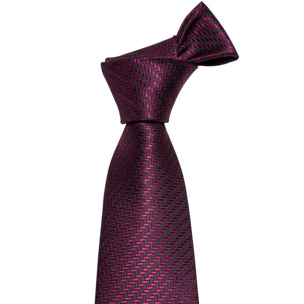 Classic Dark Red Striped Silk Necktie Pocket Square Cufflinks Set