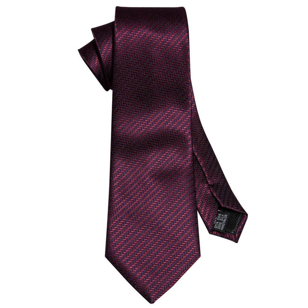 Classic Dark Red Striped Silk Necktie Pocket Square Cufflinks Set