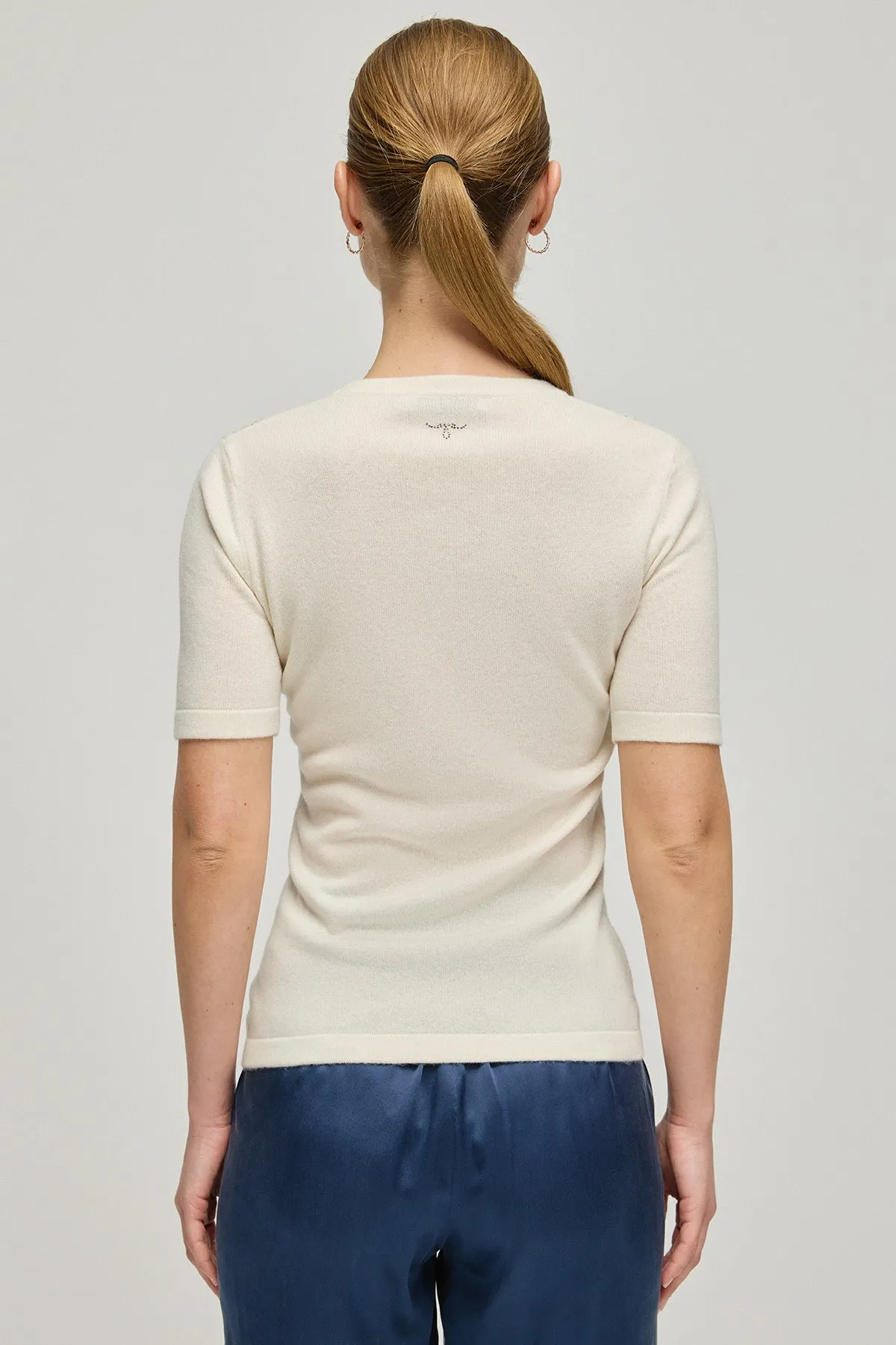 Ecru Cashmere Wool Merril Round Neck Stone Ornament Detailed Short Sleeve Knitwear