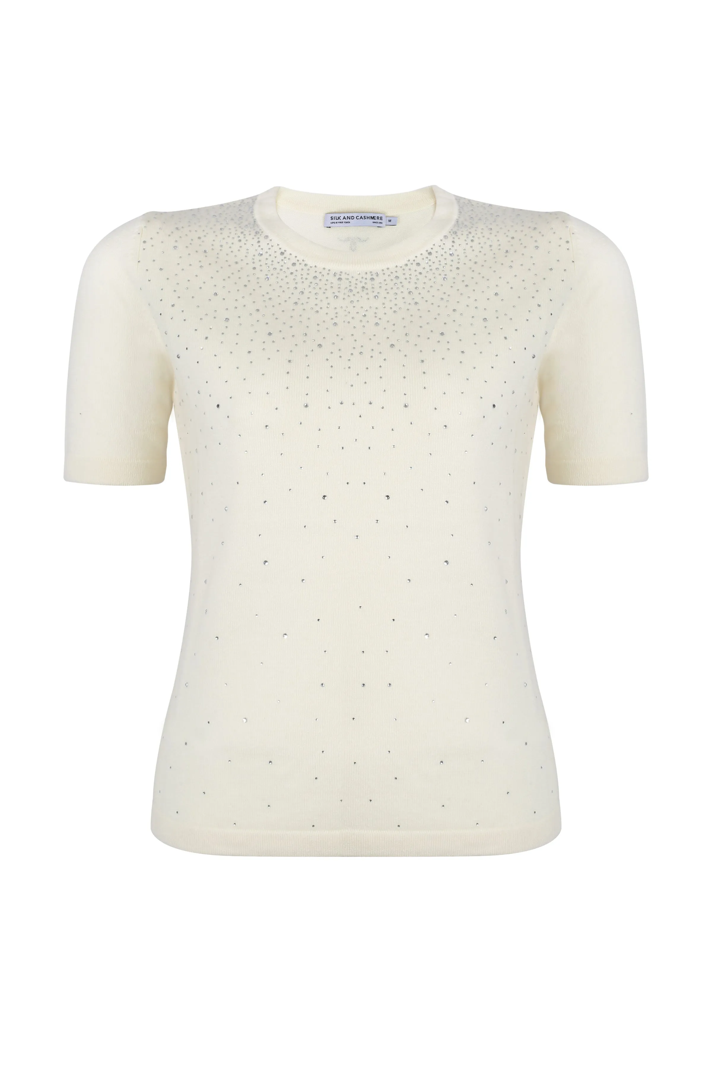 Ecru Cashmere Wool Merril Round Neck Stone Ornament Detailed Short Sleeve Knitwear